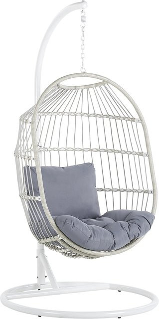 Beliani Hängesessel Egg im Boho-Stil aus Polyrattan mit Metallgestell und Kissen, Weiss Grau, B/T/H: 102 x 102 x 200 cm - Bild 1