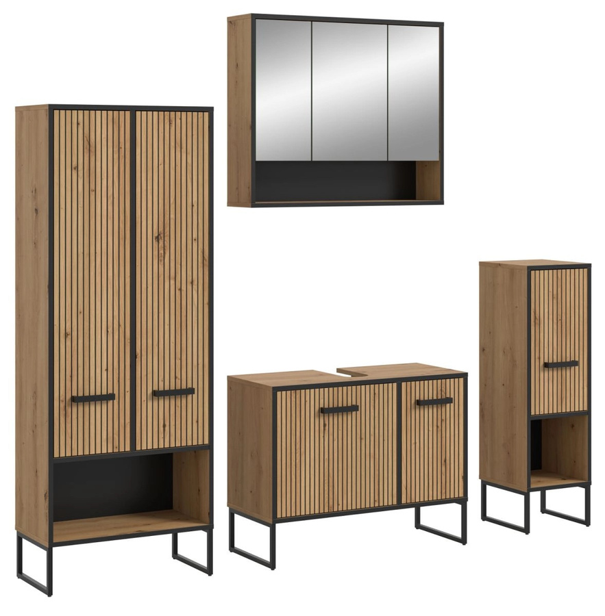 4-teiliges Badmöbel Set Scana in Eiche matt mit Waschtischunterschrank, Spiegelschrank, Hochschrank und Seitenschrank, Breite: 199 cm, Höhe: 192 cm - Bild 3
