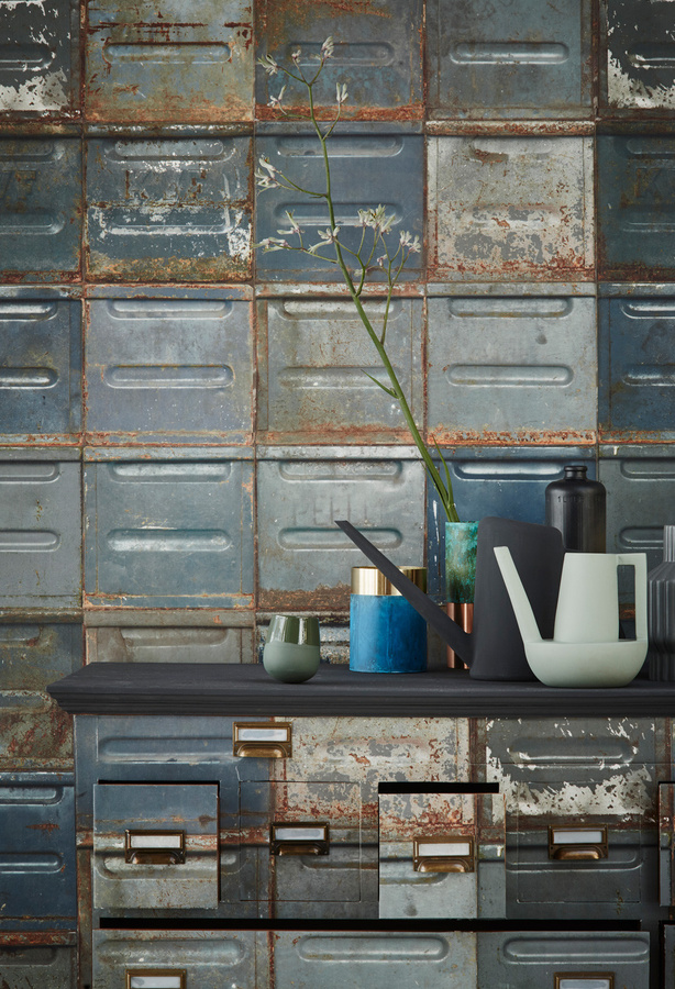 Studio Ditte Mural Wallpaper Container Dark in Blau, Grau und Multicolour mit geometrischem Industrial Design, Breite: 300 cm, Höhe: 291 cm - Bild 2