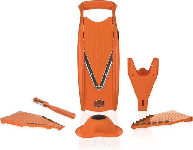Börner V5 PowerLine Plus Gemüsehobel Set, 6-teiliger Mandoline-Obst- und Gemüseschneider mit Fruchthalter, Scheibeneinschub und Sparschäler, Orange - Bild 1