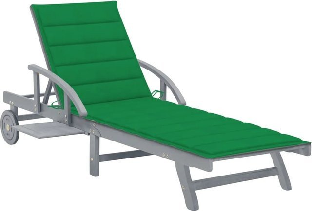 vidaXL Sonnenliege aus Akazie Massivholz mit grüner Auflage, verstellbarer Kopfstütze und Rollen - Bild 1