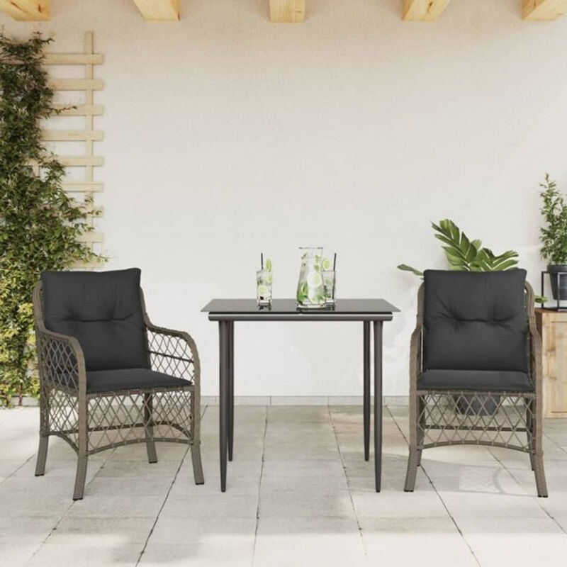 3-teiliges Bistro-Set aus Polyrattan mit Kissen und Glastisch in Grau von vidaxl - Bild 1