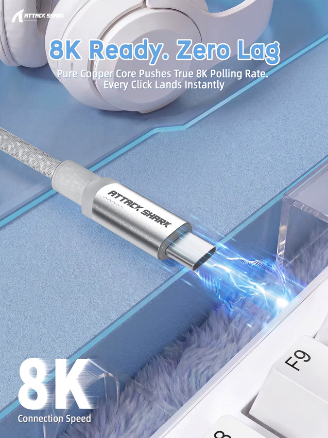 Attack Shark C01ULTIMATE Spiralförmiges USB-C Mechanisches Gaming-Tastaturkabel mit RGB, Typ-C zu USB-A und abnehmbarem Metall-Aviator-Stecker, Farbe: Weiß - Bild 3
