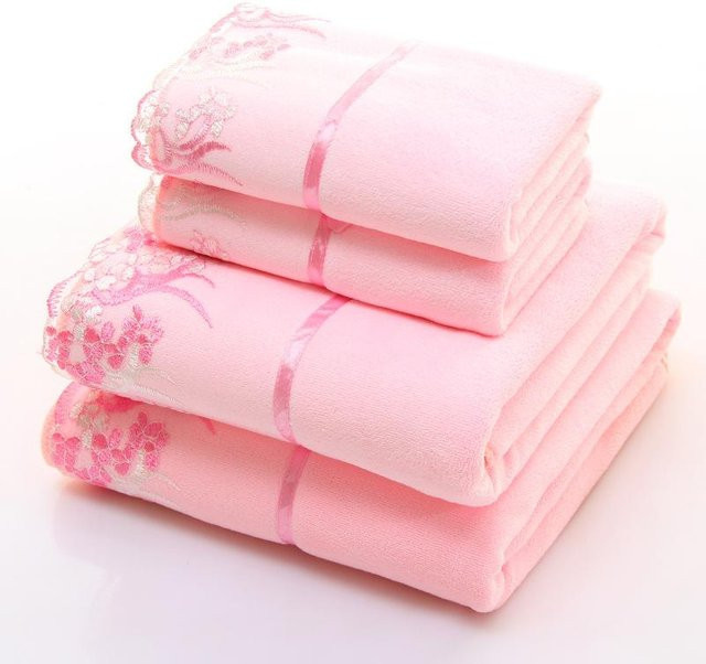 WHOVEYON Mikrofaser Handtuch Set mit floraler Spitze in Rosa, schnelltrocknend und flauschig, B/H: 70 x 140 cm - Bild 1