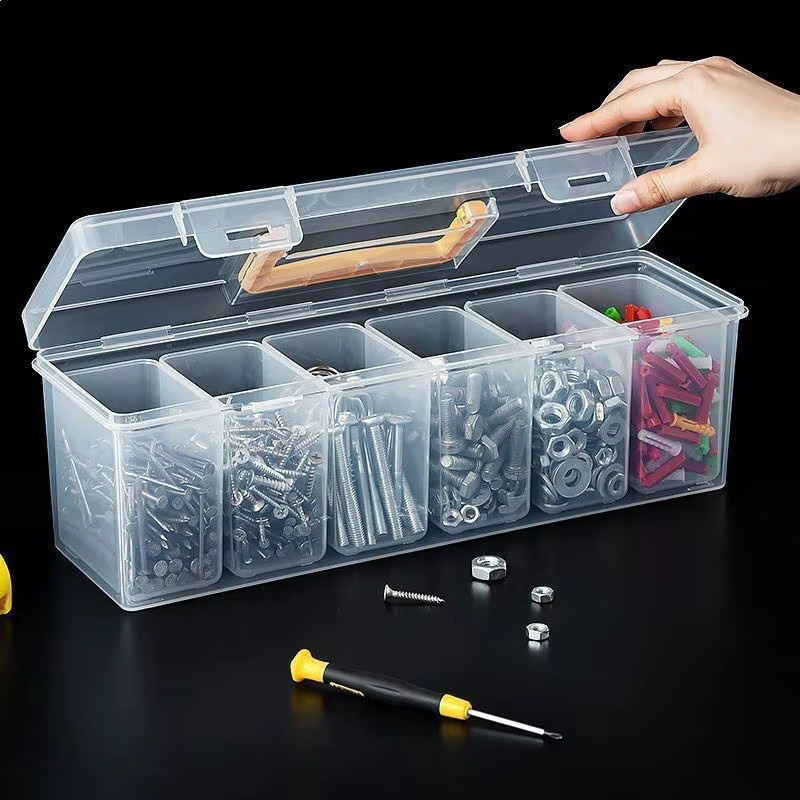 HUXUAN Mehrkammer-Werkzeug-Aufbewahrungsbox aus Kunststoff, transparenter Kleinteile-Organizer für Schrauben und Zubehör, B/T/H: 24,0 x 9,1 x 6,0 cm - Bild 2