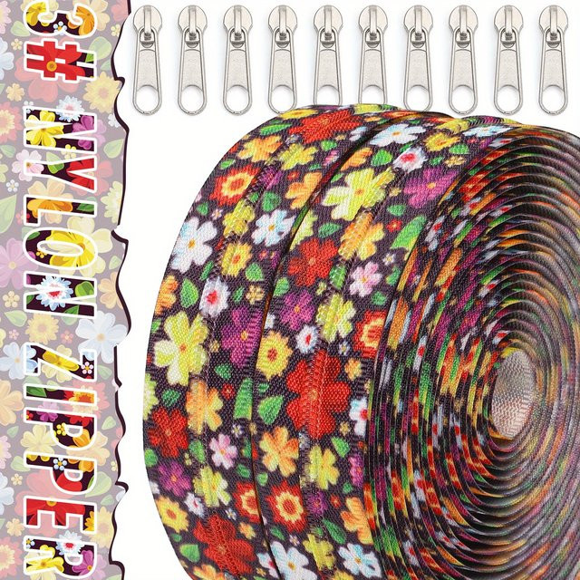 Changsons Set aus Nylon-Kettenreißverschluss in Größe 5 mit 450 cm Länge und 10 passenden Reißverschlussköpfen, bedruckt - Bild 1