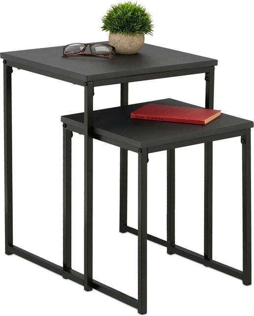 Relaxdays Beistelltisch 2er Set aus Eisen und MDF in Schwarz, B/T/H: 40 x 40 x 54 cm - Bild 1