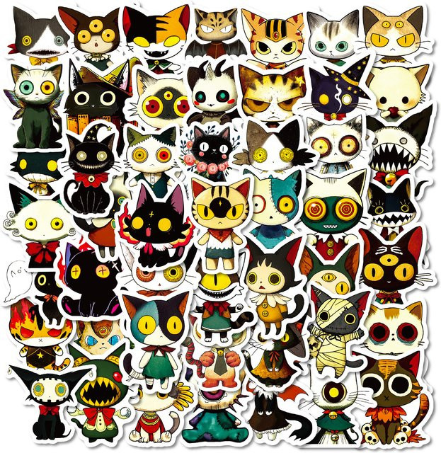 Set mit 56 oder 112 Katzen-Illustrationsaufklebern im Retro-Cartoon-Doodle-Stil, mehrfarbig, ideal für Notebook, Tablet und Skateboard - Bild 1