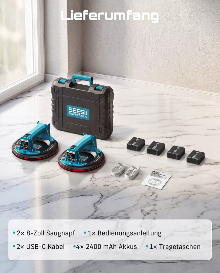 Seesii 2er Set Elektrische Vakuum-Saugnäpfe 8 Zoll mit intelligenter Anzeige und 4 Batterien für Keramik und Glas bis 200kg - Bild 8