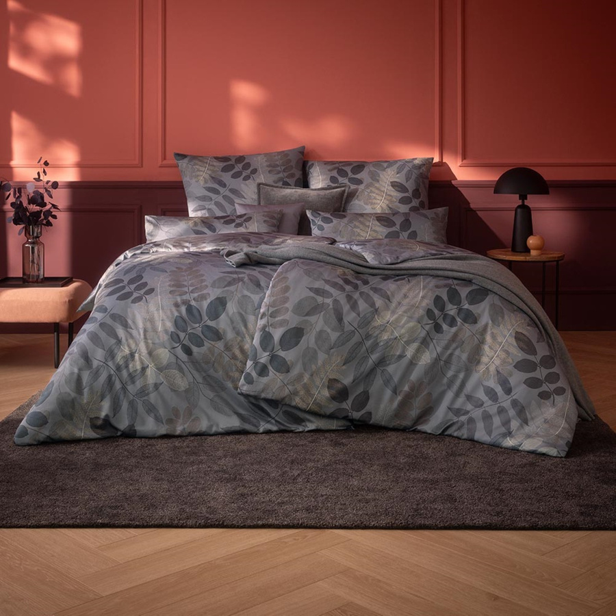 Estella Mako-Satin Bettwäsche Malou mit floralem Blättermuster in Grau Silber Braun, Bettbezug 155 x 220 cm und Kissenbezug 40 x 80 cm - Bild 1