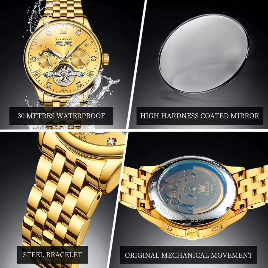 OLEVS Armbanduhr, Automatik, Edelstahl, Gold, Herren - Bild 6