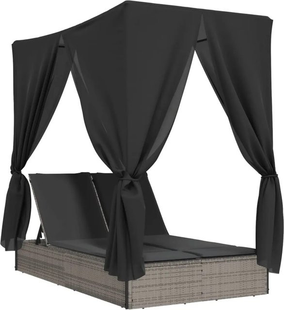 vidaXL Doppel-Sonnenliege aus Polyrattan mit Sonnendach und Vorhängen in Grau, B/T/H: 280 x 196 x 114 cm - Bild 1