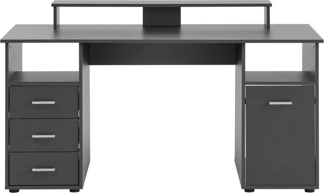 PROREGAL Schreibtisch Fox Large in Anthrazit mit 3 Schubladen, 2 offenen Fächern, 1 Fach mit Flügeltür und Monitorständer, H x B x T: 86 x 150 x 70 cm - Bild 1