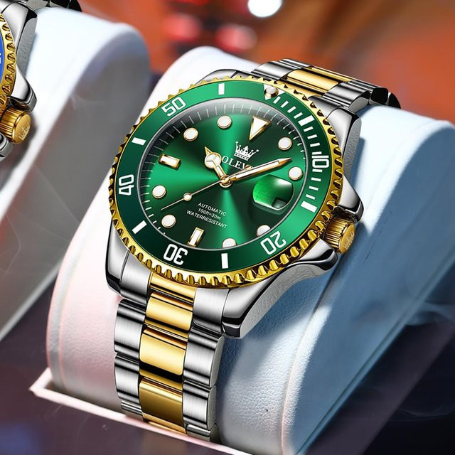 OLEVS Armbanduhr Automatik, Edelstahl, Gold/Grün, 41 mm, Herren - Bild 1