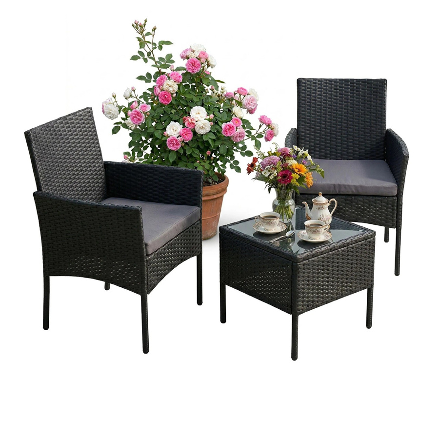 Relaxdays Gartenlounge Set aus Polyrattan in Schwarz mit Glastisch und Polsterkissen, dreiteilig für Garten, Balkon oder Terrasse, Tisch B: 82 cm, T: 57 cm, H: 58 cm - Bild 2