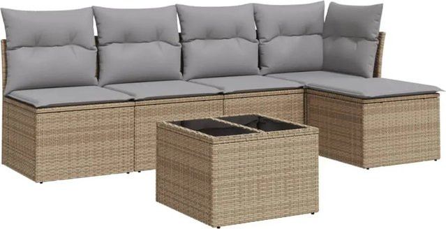 vidaXL 6-teilige Garten-Sofagarnitur in L-Form aus Poly-Rattan mit Kissen in Beige-Grau - Bild 1