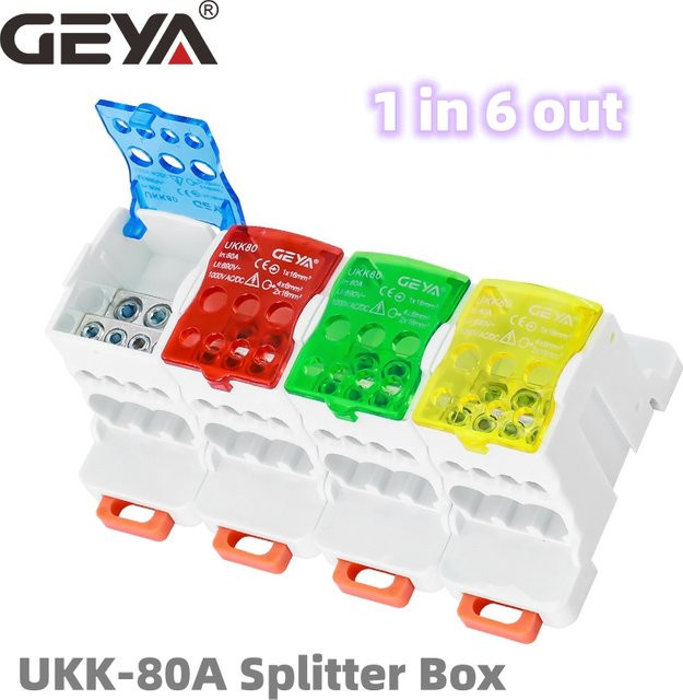 Geya UKK-80A Verteilerkasten mit 1 Eingang und 6 Ausgängen, 80A Power Junction Box, grüne DIN-Rail Klemmenblock-Verteilerstation - Bild 1