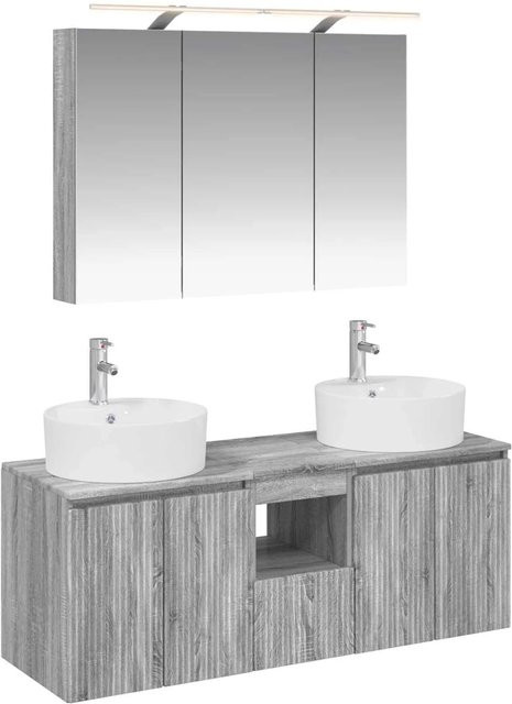 vidaXL Badezimmerschrank-Set 4-teilig in Grau Matt mit LED-Spiegelschrank, Waschtischunterschrank und Wandunterschrank, B/T/H: 70,0 x 44,5 x 60,37 cm - Bild 1