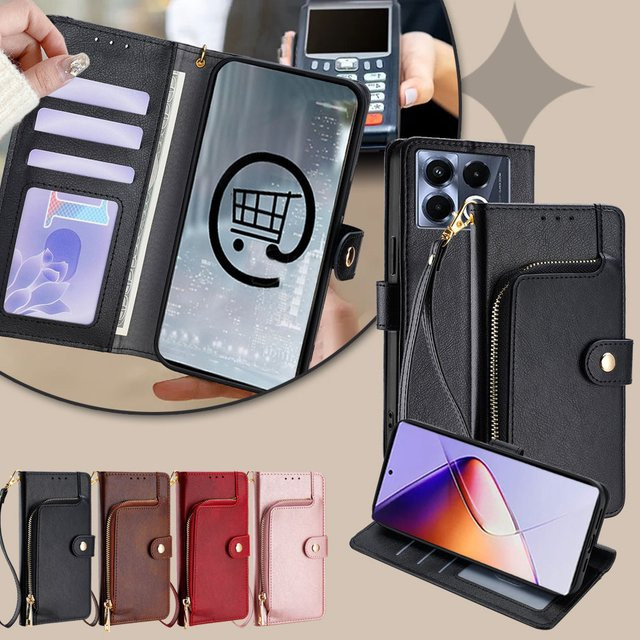 Leder Flip Case Schutzhülle für Infinix Note 40 Pro, Smart 8 Pro und 8 Plus mit Brieftaschenfunktion und Kartenfächern in Rot oder Schwarz - Bild 1