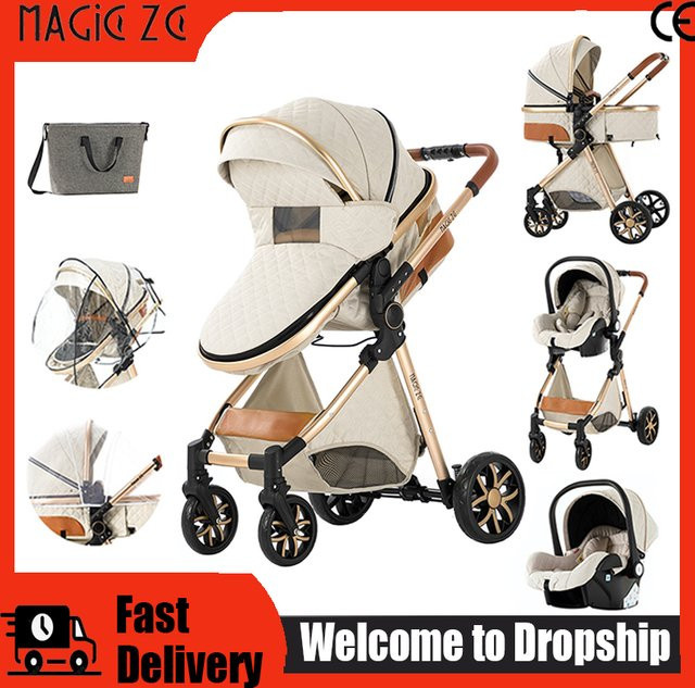 Magic ZC 3-in-1 Kinderwagen Reisesystem mit Autositz und Babywanne, faltbar, Schwarz-Gold - Bild 1