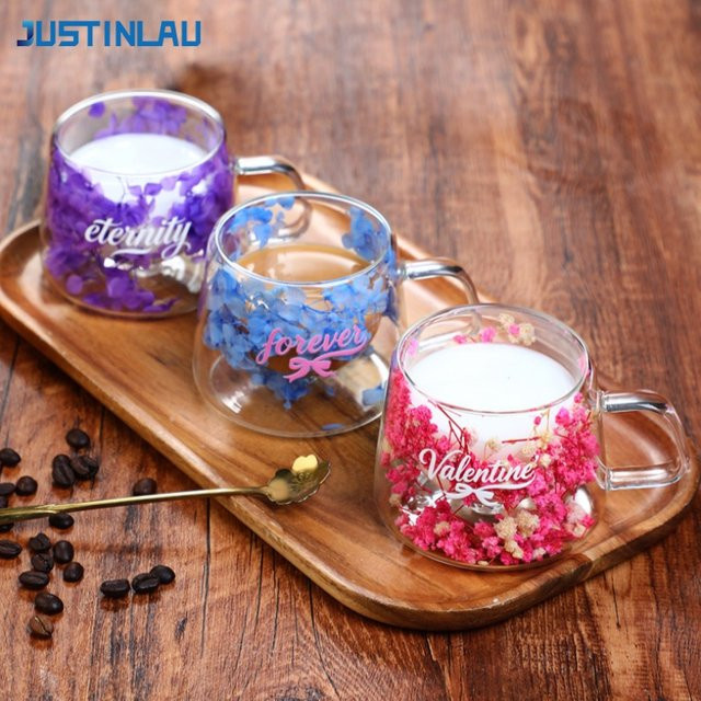 JUSTINLAU Doppelwandige Glastasse im floralen Design, Set aus 2 Bechern in Pink und Multicolour, hitzebeständige Kaffee- und Milchbecher aus Glas - Bild 1