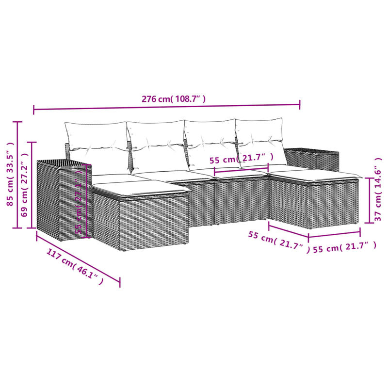 Vidaxl Gartenmöbel-Set aus Polyrattan mit 6 Teilen und Kissen, Grau - Bild 2