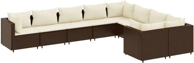 vidaXL 9-tlg. Garten-Sofagarnitur in L-Form aus Poly-Rattan mit Kissen, Braun und Weiß - Bild 1