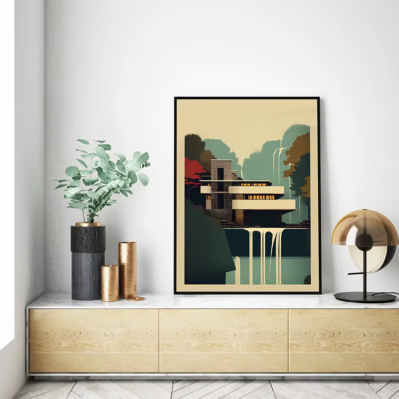 Abstraktes Leinwandgemälde Fallingwater House im Bauhaus-Stil von Potdemiel, mehrfarbige Wandkunst für dein Zuhause - Bild 2