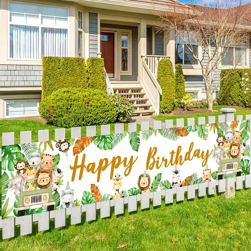 VIKAMA Banner mit Dschungeltier-Motiv und floralem Design in Mehrfarbig, ideal als Hintergrunddekoration für Babytaufe oder Kindergeburtstage, B: 180 cm, H: 35 cm, T: 35 cm - Bild 2