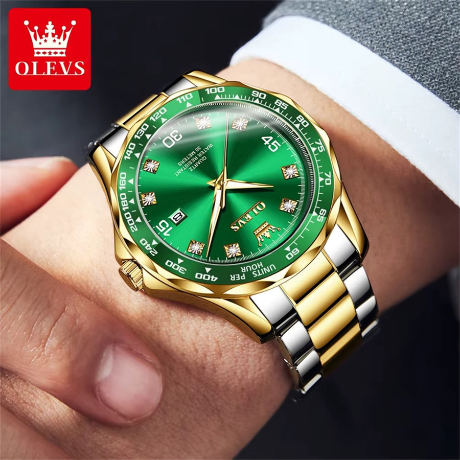 OLEVS Armbanduhr, Quarz, Edelstahl, Kautschuk, Gold, Grün, Herren - Bild 2