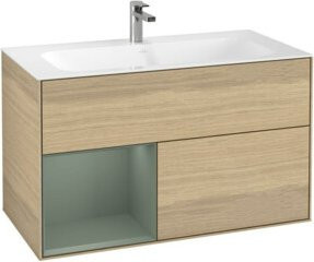 V&B Waschtischunterschrank Finion Reg links in Olive Matt Lacquer und Oak Veneer, B: 99,6 cm, H: 59,1 cm, T: 49,8 cm - Bild 1