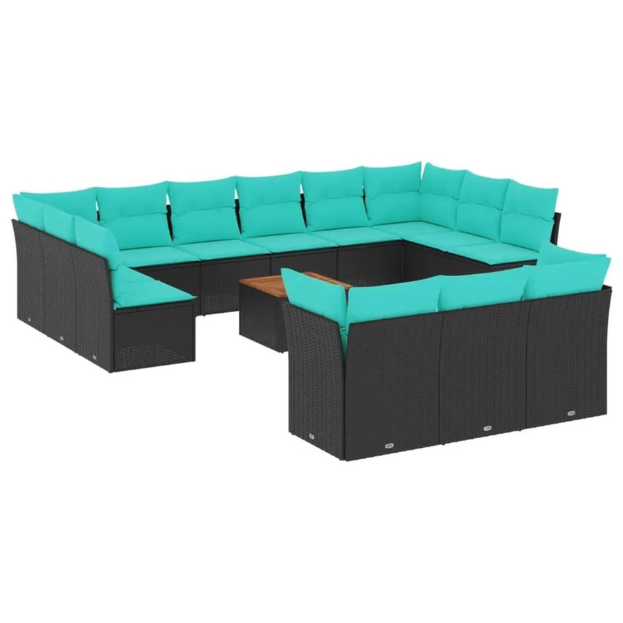 vidaXL 14-teilige Garten-Sofagarnitur aus Poly-Rattan und Akazienholz in Schwarz mit Kissen - Bild 2