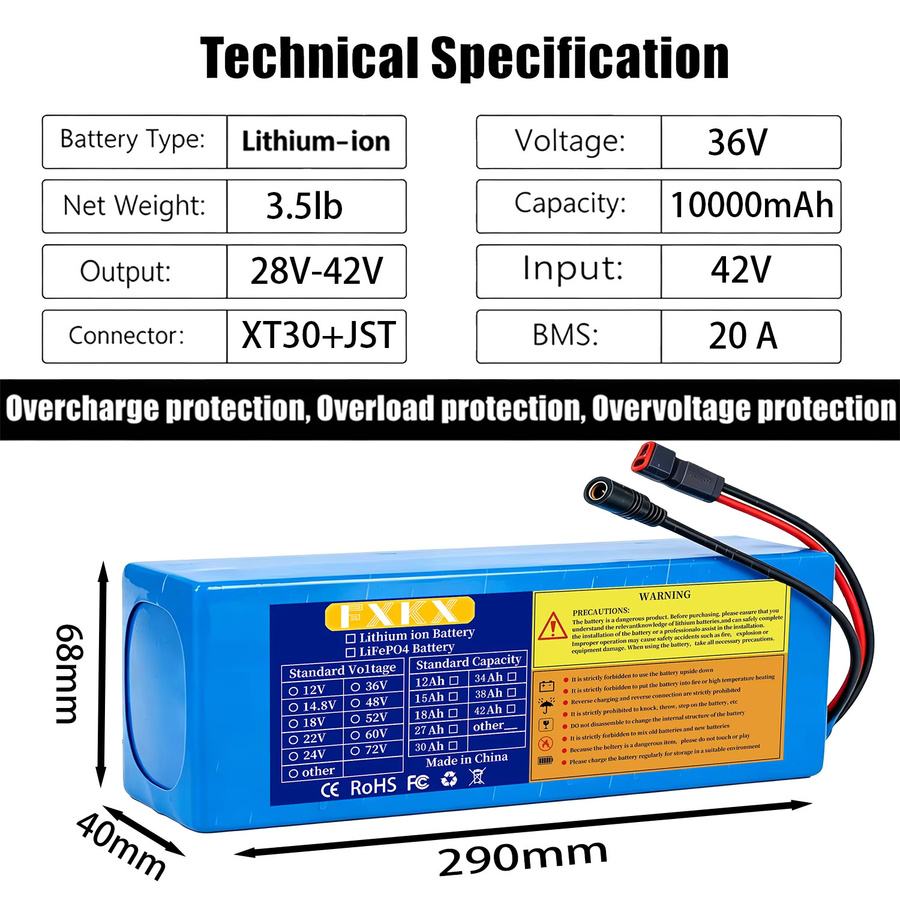 FXKX 36V Elektroroller-Akku 10Ah mit 10S3P 18650 Grade-A Zellen, Blau, XT60 und JST Anschlüsse - Bild 4