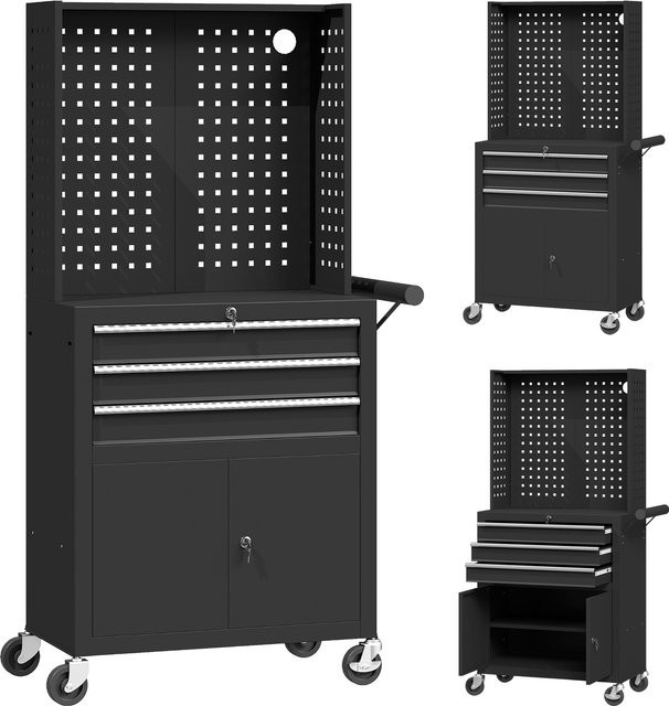 HOMCOM Werkzeugschrank auf Rollen in Schwarz mit Lochplatte, abschließbarem Werkzeugkasten, 3 Schubladen und verstellbarem Regal aus Stahl für Garage und Werkstatt - Bild 1