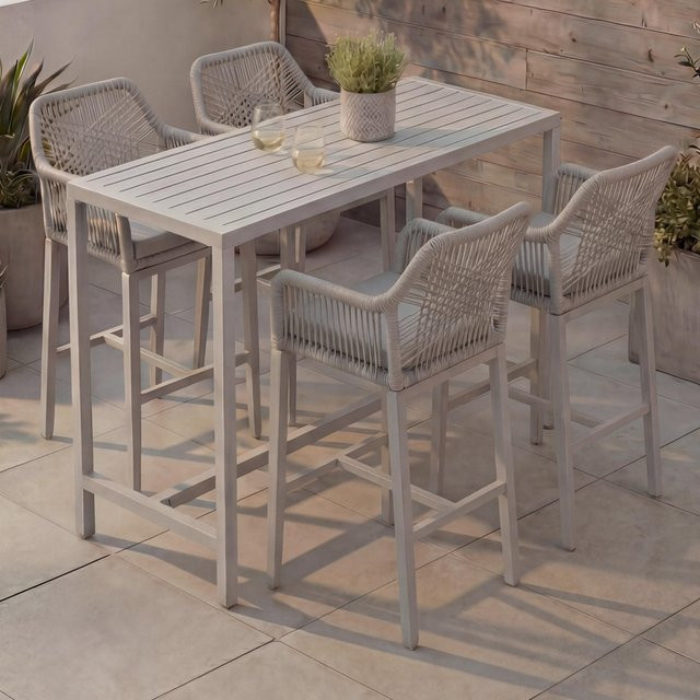 MCW Set aus Bartisch und 4 Barhockern MCW-P91 in Hellgrau mit Seilgeflecht und Sitzpolstern aus Metall für Garten und Esszimmer - Bild 1