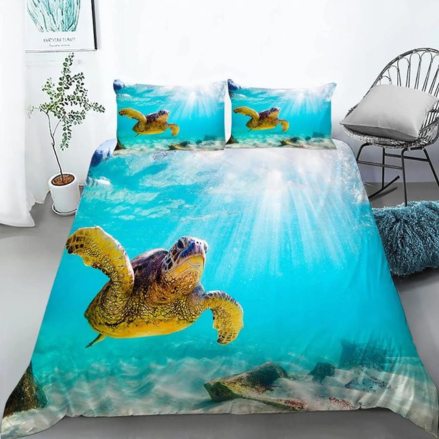 Meeresschildkröten Bettbezug Set mit 2 Kissen, Blau, Polyester, King Size, B/H: 240 x 210 cm, Kissen: 50 x 70 cm - Bild 1