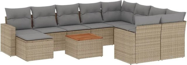 vidaXL 11-tlg. Garten-Sofagarnitur in L-Form aus Poly-Rattan und Akazienholz mit Kissen in Beige-Grau - Bild 1