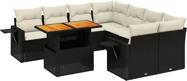 vidaXL 9-tlg. Garten-Sofagarnitur in L-Form aus Polyrattan und Akazienholz mit Kissen, Schwarz und Cremeweiß - Bild 1
