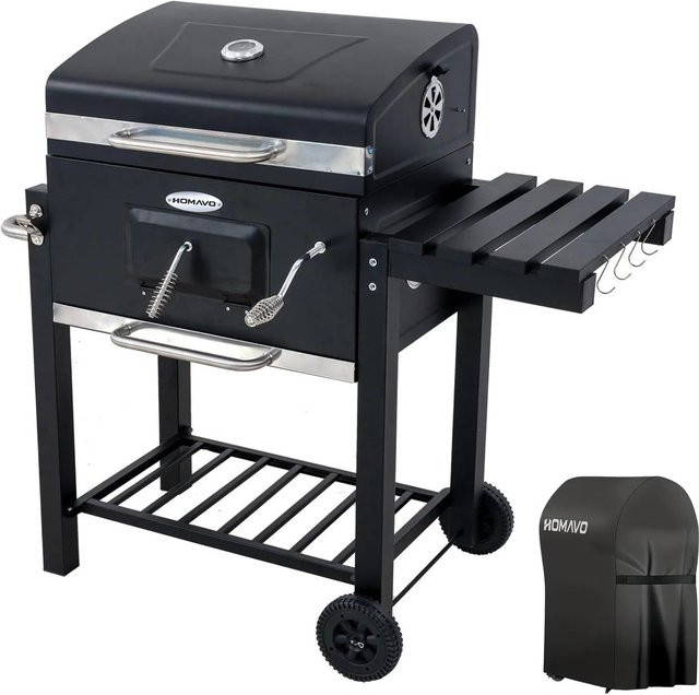 HOMAVO Holzkohlegrill mit Deckel und wasserfesten Grillabdeckungen in Schwarz, B/T: 56 x 42,5 cm - Bild 1