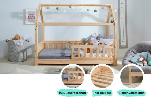 TiCAA Kinderbett Hausbett Kay aus massivem Kiefer in Natur, B/T/H: 160 x 80 x 134 cm - Bild 1