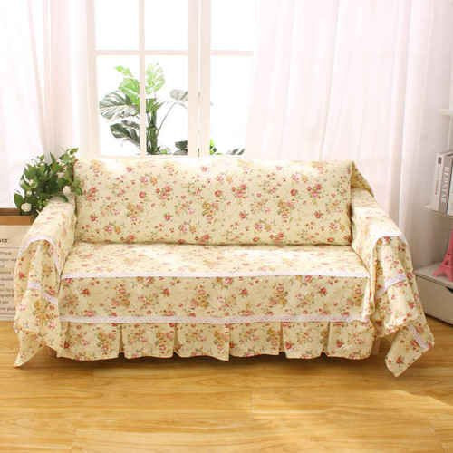 Your Warm Home Sofaüberwurf aus Baumwolle mit Blumenmuster und Volant in Beige sowie 2 Kissenbezüge - Bild 1