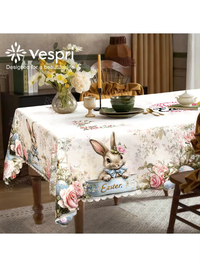 Vespri Oster-Tischdecke aus Polyester mit floralem Hase- und Rosenblüten-Design in Weiß und Rosa für runde Tische - Bild 5