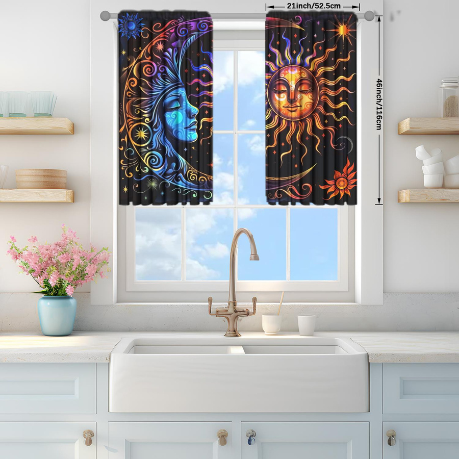 2er-Set Retro Vorhang mit Sonne und Mond Motiv, halbtransparent, mehrfarbig, B: 52,5 cm, H: 116 cm - Bild 2
