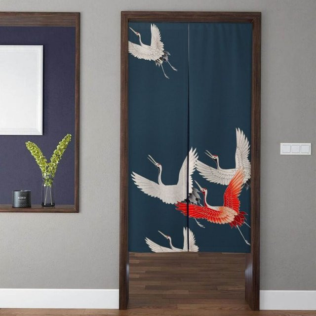 VIKAMA Japanischer Kranich-Noren-Türvorhang im Ukiyo-e-Stil als dekorativer Raumteiler für dein Heim oder deinen Teeraum, Breite: 90,0 cm, Höhe: 65,0 cm - Bild 1