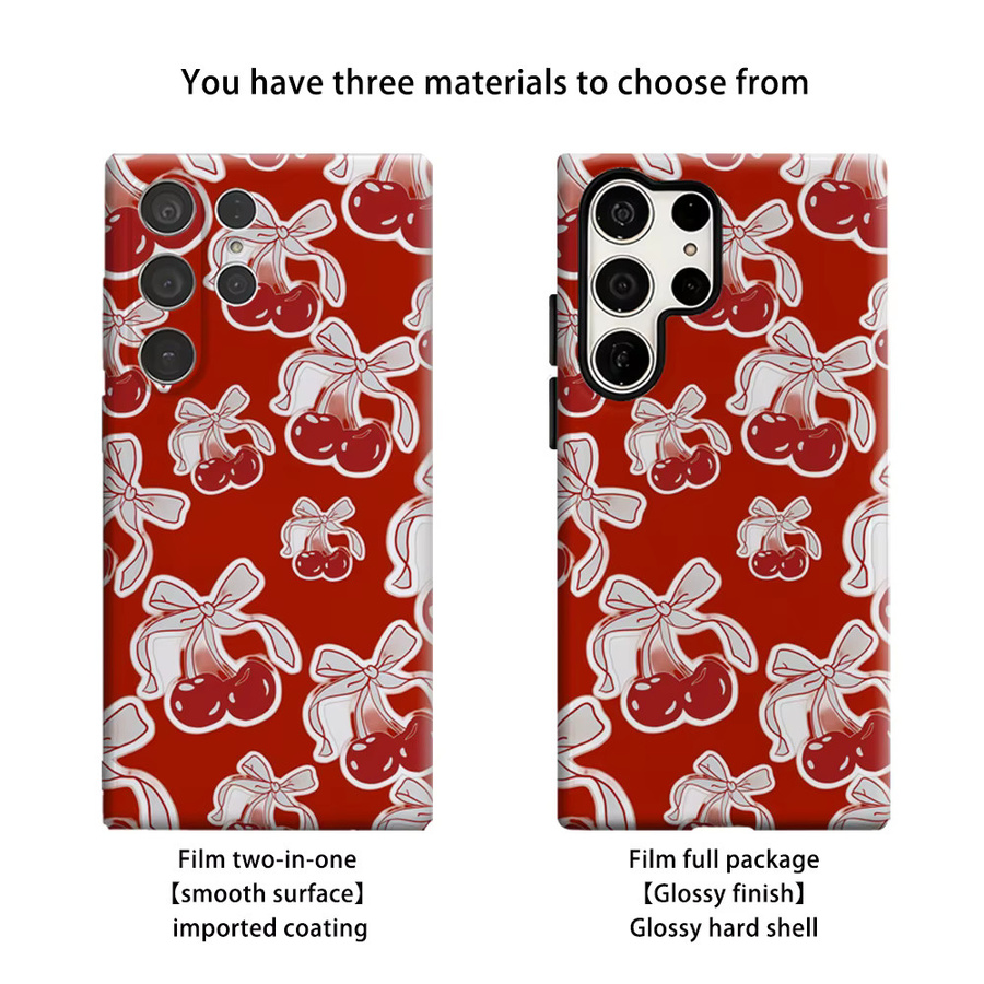 Stoßfeste Doppelschicht Handyhülle mit rotem Kirsch-Schleifen-Design für Samsung Galaxy S25 Ultra, S24, S23 Ultra und Plus - Bild 2