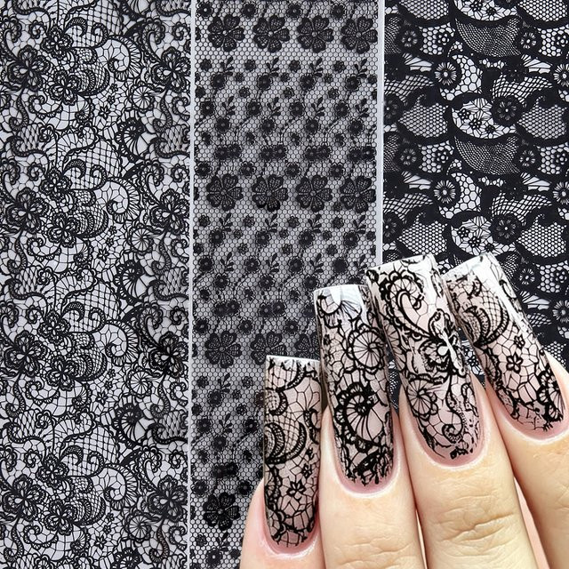 Nagelkunst-Transferfolie, schwarz-weiß, Spitzenmuster, 10 Stück - Bild 1