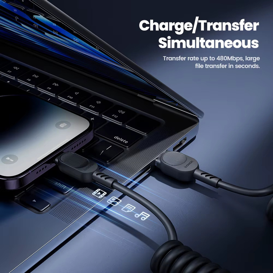 Toocki USB-A auf Lightning Feder-Ladekabel für iPhone und iPad Pro, Schwarz, 2,4 A Schnellladegerät mit USB-Beleuchtung - Bild 5