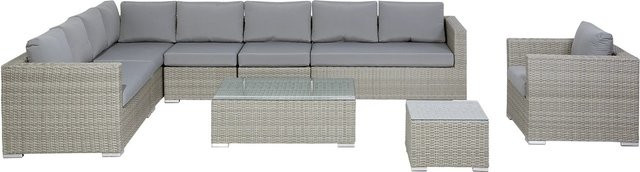 Beliani Lounge Set aus Polyrattan in Grau mit Ecksofa, Sesseln, Couchtisch und Kissen im skandinavischen Design, B/T/H: 220 x 325 x 65 cm - Bild 1