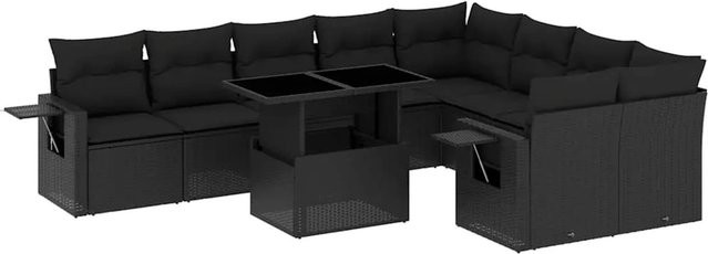 vidaXL 10-tlg. Garten-Sofagarnitur in L-Form aus Poly-Rattan mit Kissen, Schwarz - Bild 1