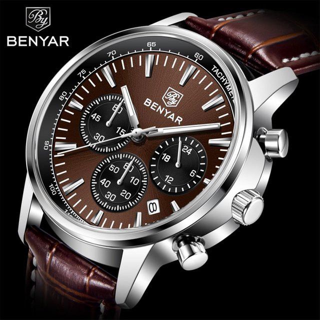 Benyar Chronograph, Quarz, Leder, Edelstahl, Silber, Herren - Bild 1